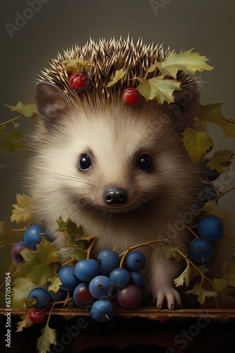 Сute hedgehog with floral leaves on his head and berries, in the style of animalier photo