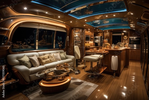 Luxury interior motor house with comfortable furniture. Generative AI © itchaznong