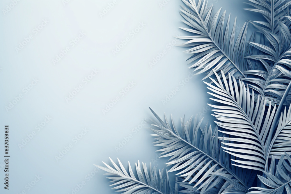 熱帯の葉のコレクション、宇宙を背景に青い色の葉の植物　Collection of tropical leaves,foliage plant in blue color with space background　Generative AI