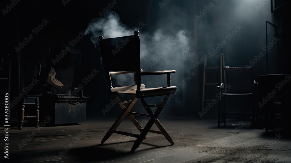 The director's chair stands in a beam of light with an backlight in dark room. Free chair. Concept of selection and casting. Shadow and light. Generate AI