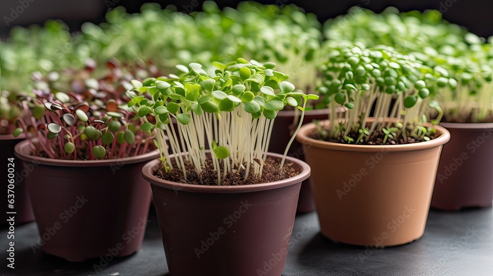 Green sprouts of microgreens in flower pots on a windowsill. Growing superfood at home. generative ai