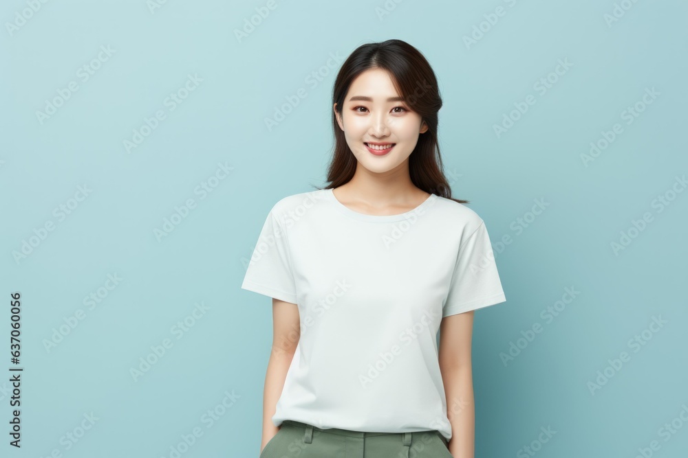 Fictional Chinese Model Wearing a Casual and Elegant Outfit and Smiling. Asian Woman Portrait Isolated on a Plain Colored Background. Generative AI. Fictional Chinese Model Wearing a Casual and Elegant Outfit and Smiling. Asian Woman Portrait Isolated on a Plain Colored Background. Generative AI.