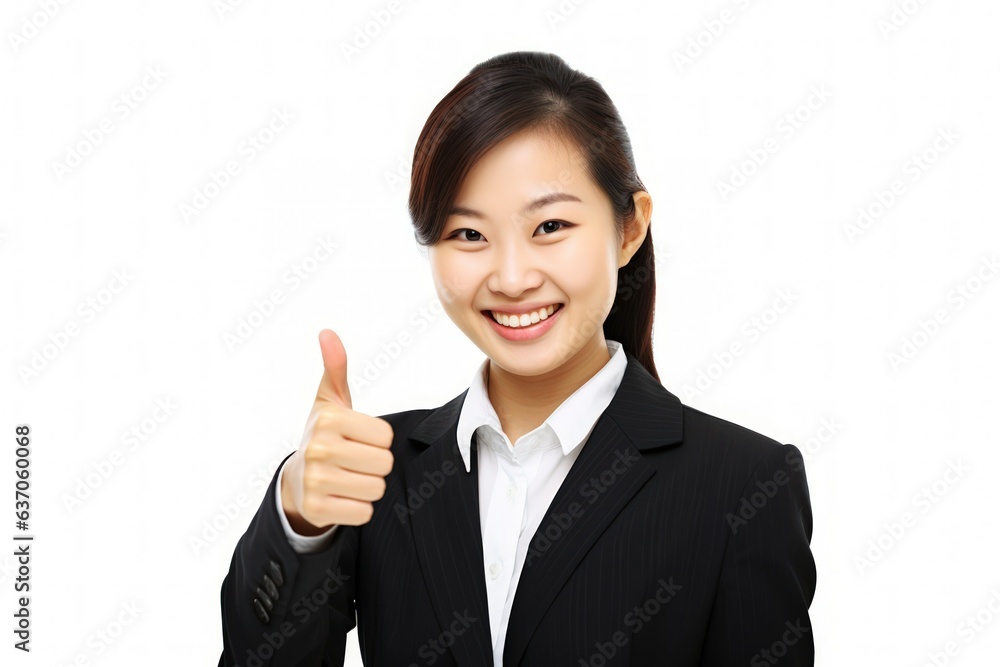 Fictional Chinese Model with Thumb Up. Asian Woman Smiling Isolated on a Plain Blank Background. Generative AI. Fictional Chinese Model with Thumb Up. Asian Woman Smiling Isolated on a Plain Blank Background. Generative AI.