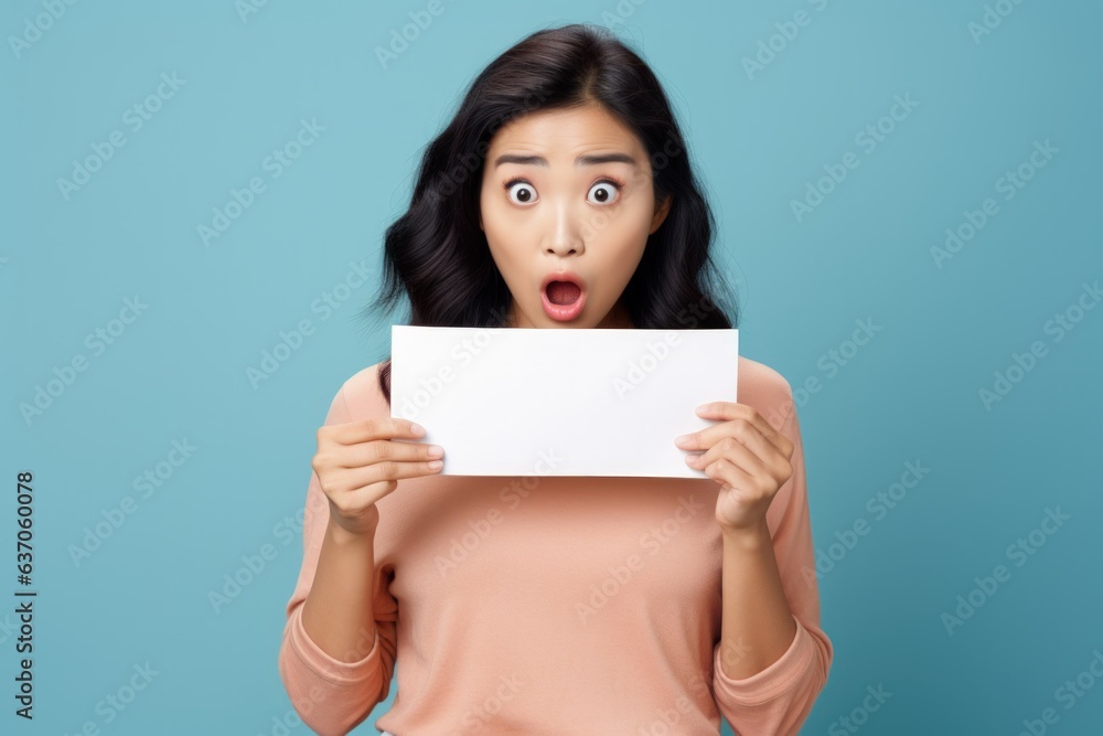 Fictional Chinese Model Holding a Blank Piece of Paper. Asian Woman Isolated on a Plain Colored Background. Generative AI. Fictional Chinese Model Holding a Blank Piece of Paper. Asian Woman Isolated on a Plain Colored Background. Generative AI.