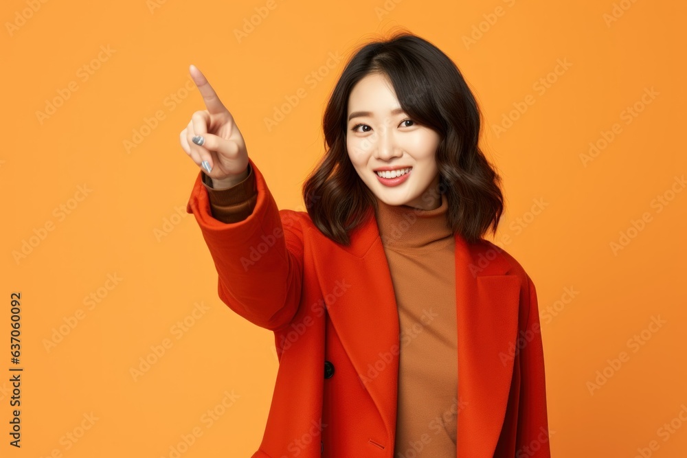 Fictional Chinese Model Pointing Finger. Asian Woman Isolated on a Plain Colored Background. Generative AI. Fictional Chinese Model Pointing Finger. Asian Woman Isolated on a Plain Colored Background. Generative AI.