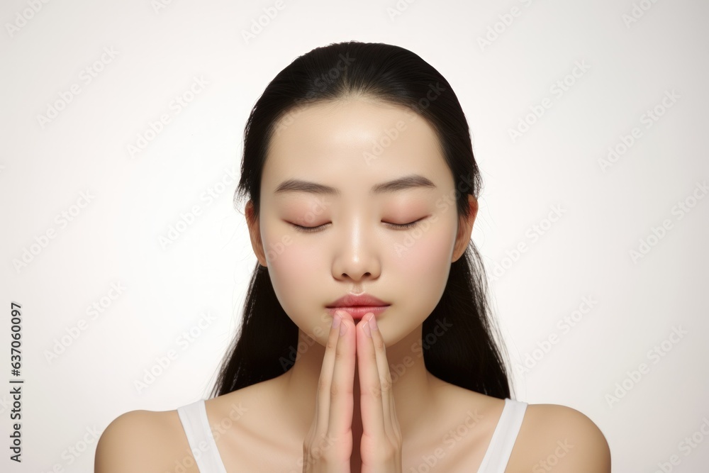 Fictional Chinese Model Meditating with Closed Eyes. Asian Woman Portrait Isolated on a Plain Colored Background. Generative AI. Fictional Chinese Model Meditating with Closed Eyes. Asian Woman Portrait Isolated on a Plain Colored Background. Generative AI.