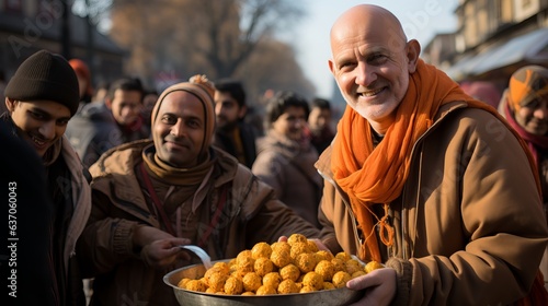 The religious movement Hari Krishna and Hare Krishnas distribute sweets and food to passers-by. Concept: Hindu faith and volunteer food distribution photo