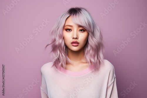 Fictional Chinese Model with Pink Dyed Hair. Asian Woman Portrait Isolated on a Plain Colored Background. Generative AI.