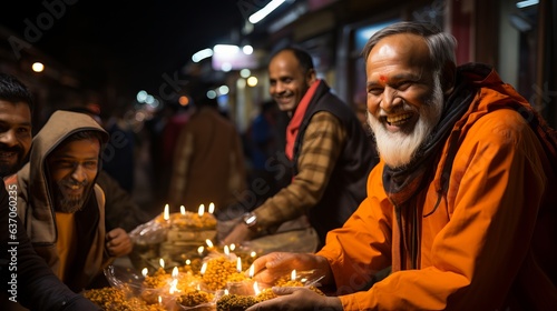 The religious movement Hari Krishna and Hare Krishnas distribute sweets and food to passers-by. Concept: Hindu faith and volunteer food distribution photo