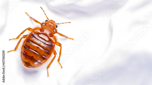 Photo Pesky Bed Bug Crawling on Bedding isolated on white