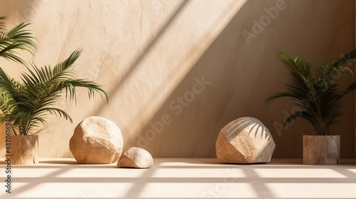 Stone Podium pedestal product display stand and palm leaf shadows on beige background