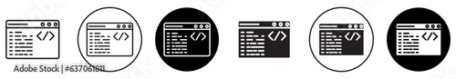 coding icon set. java script developer sign. web program metadata source code vector symbol. simple html code web page icon set in black filled and outlined style.