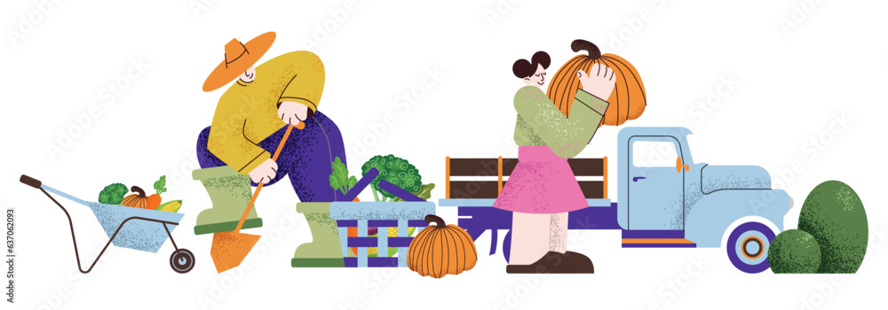 Obraz premium Farmer gathering vegetable harvest set. Garden agriculture horticulture autumn crop collection. Harvesting agrarian people doing farming job. Man woman working together in garden