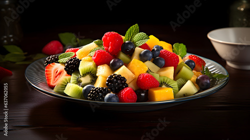 fresh fruits salad which include raspberries, blue berries, apple kiwi