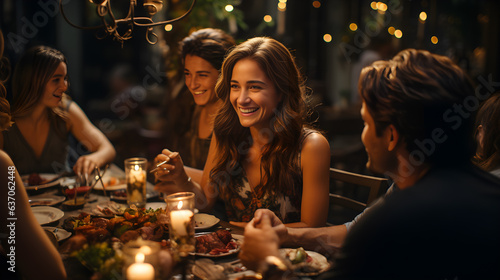 friends having a together dinner happy faces with laughter