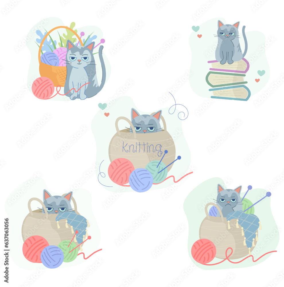 Fototapeta premium Vector illustration with cute other cat character isolated on white background. Flat art clipart of cats with ball of yarn, knitting basket, books for web, postcard, banner. Cute cat set