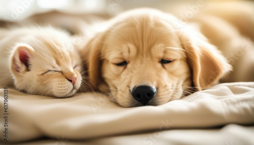 Golden retriever dog sleeping cuddling napping with kitten.