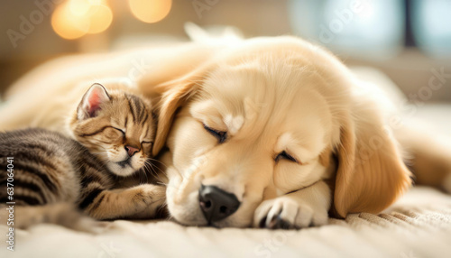 Golden retriever dog sleeping cuddling napping with kitten.