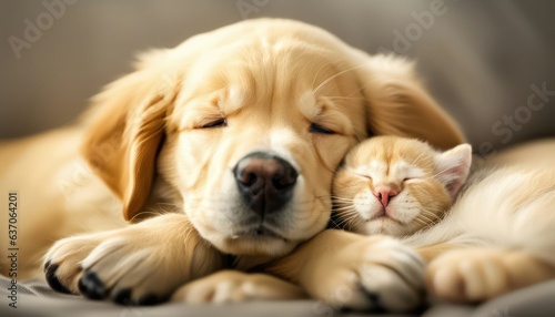 Golden retriever dog sleeping cuddling napping with kitten.
