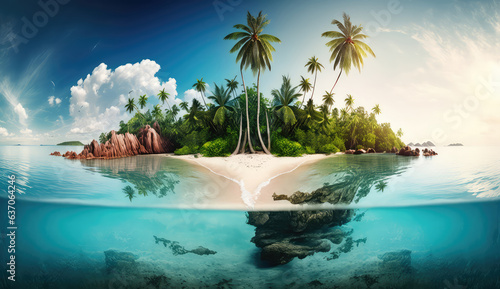 Tropical Island And Coral Reef - Split View With Waterline (ai generated)