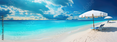 Sunlit Sandy Beach with Turquoise Sea  Umbrella  and Chair