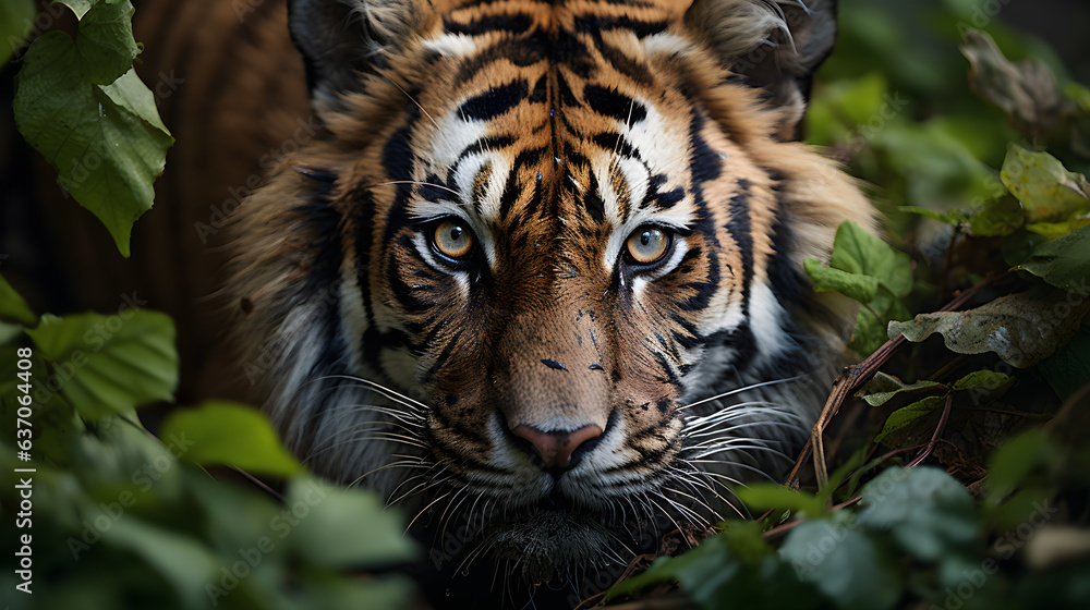 Tiger face ready for hunting its prey hiding in bushes
