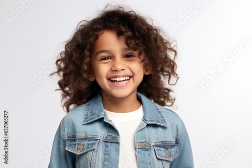 happy african american little girl in denim jacket over white background