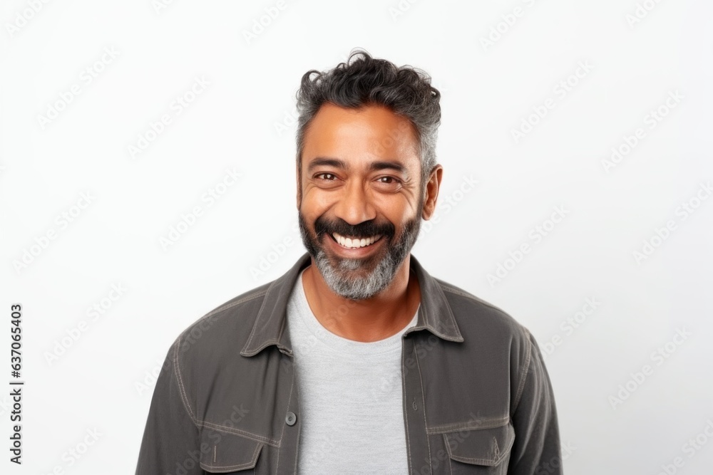 Fototapeta premium Medium shot portrait of an Indian man in his 40s against a white background wearing a chic cardigan