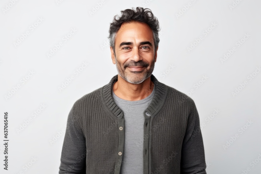 Medium shot portrait of an Indian man in his 40s against a white background wearing a chic cardigan Medium shot portrait of an Indian man in his 40s against a white background wearing a chic cardigan