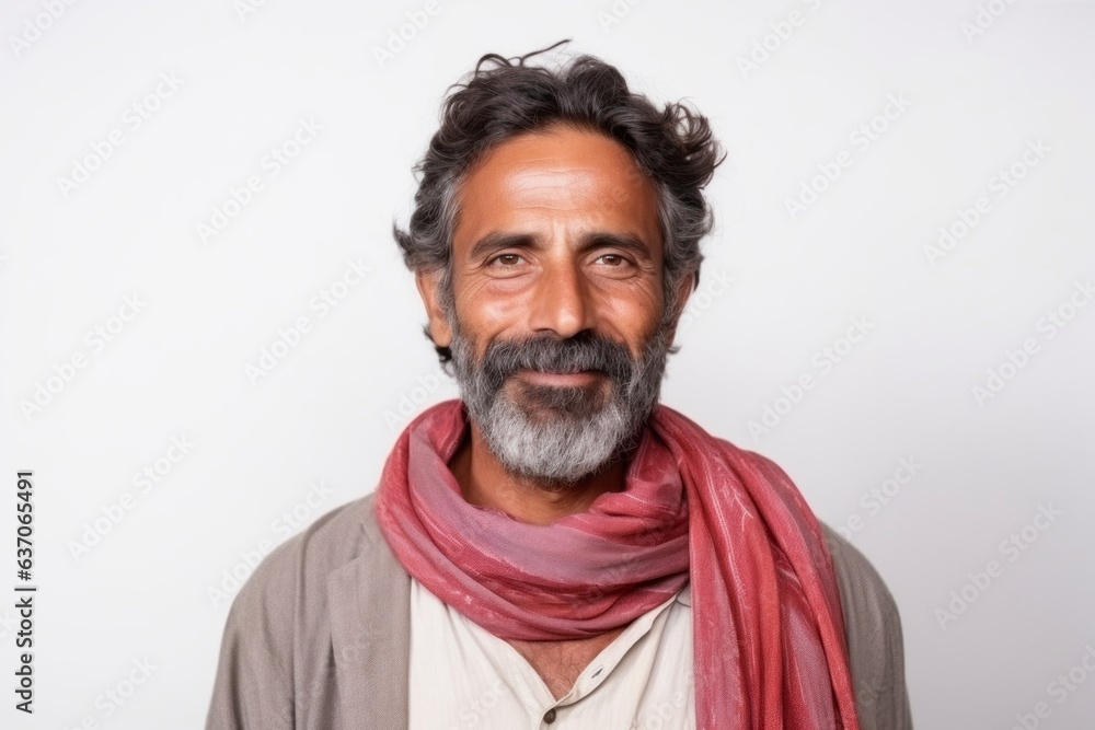 Medium shot portrait of an Indian man in his 40s against a white background wearing a foulard