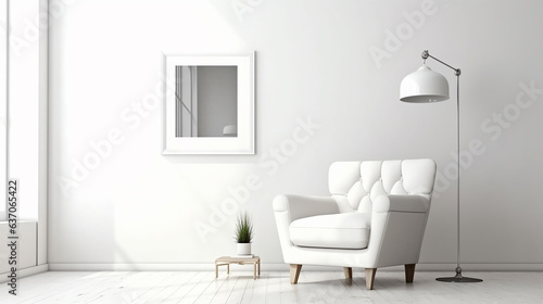 White living room with couch, table and mockup pictures