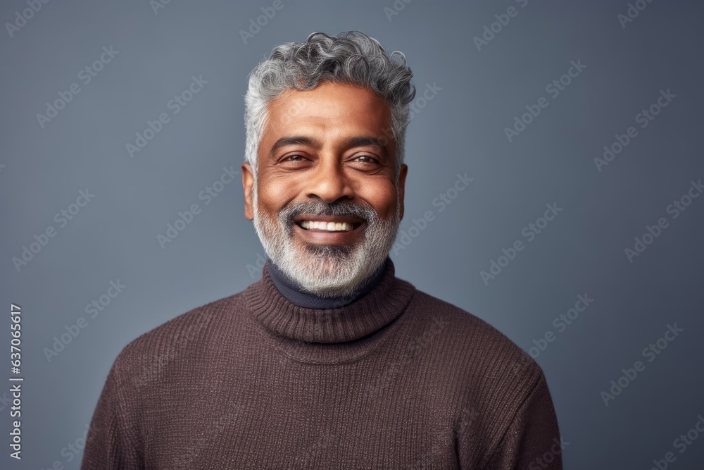 Medium shot portrait of an Indian man in his 60s against a minimalist or empty room background wearing a chic cardigan