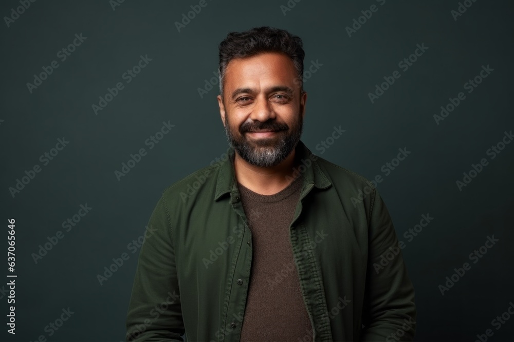 Medium shot portrait of an Indian man in his 40s against an abstract background wearing a chic cardigan Medium shot portrait of an Indian man in his 40s against an abstract background wearing a chic cardigan