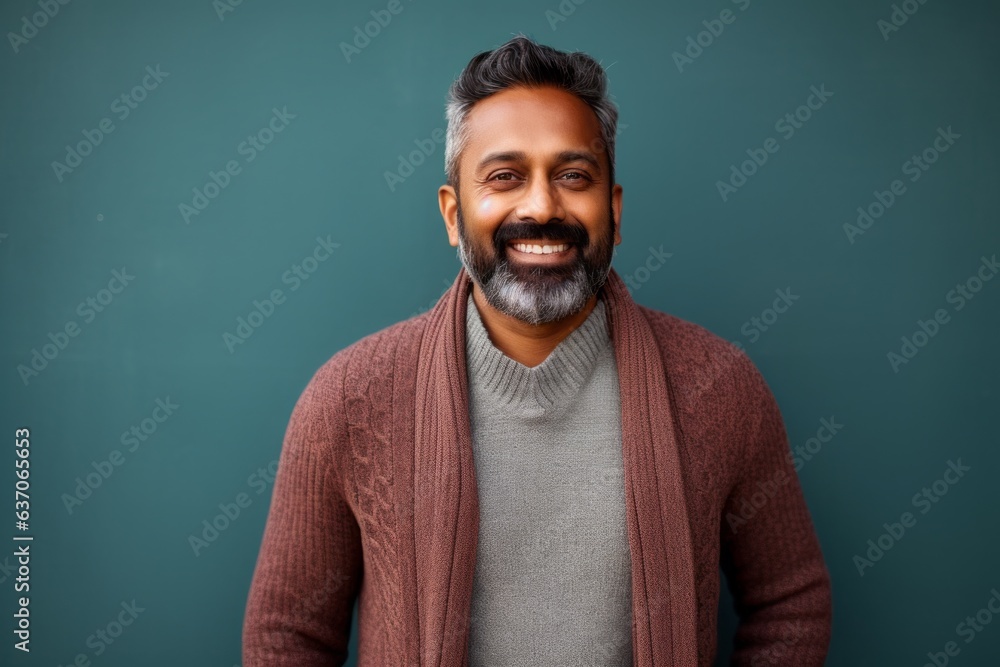 Medium shot portrait of an Indian man in his 40s against an abstract background wearing a chic cardigan Medium shot portrait of an Indian man in his 40s against an abstract background wearing a chic cardigan