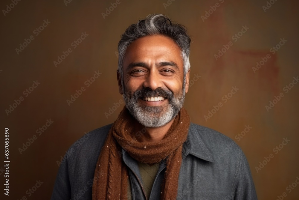 Medium shot portrait of an Indian man in his 50s against an abstract background wearing a chic cardigan Medium shot portrait of an Indian man in his 50s against an abstract background wearing a chic cardigan