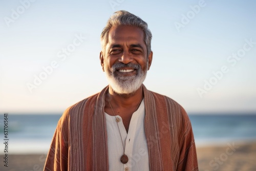 Medium shot portrait of an Indian man in his 50s against a beach background wearing a chic cardigan