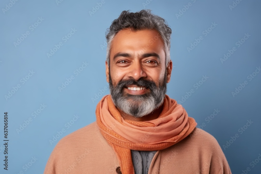 Medium shot portrait of an Indian man in his 40s against a pastel or soft colors background wearing a foulard Medium shot portrait of an Indian man in his 40s against a pastel or soft colors background wearing a foulard