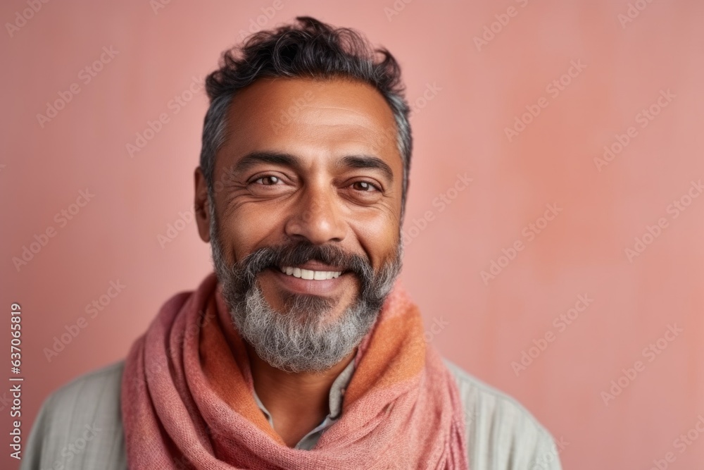 Obraz premium Medium shot portrait of an Indian man in his 40s against a pastel or soft colors background wearing a foulard