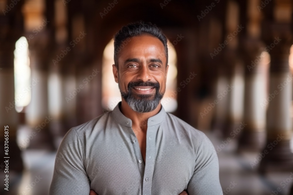 Medium shot portrait of an Indian man in his 40s in his 40s wearing a chic cardigan in a hindu temple , Medium shot portrait of an Indian man in his 40s in his 40s wearing a chic cardigan in a hindu temple ,