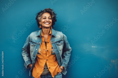 Portrait of a smiling woman standing against blue wall with copy space