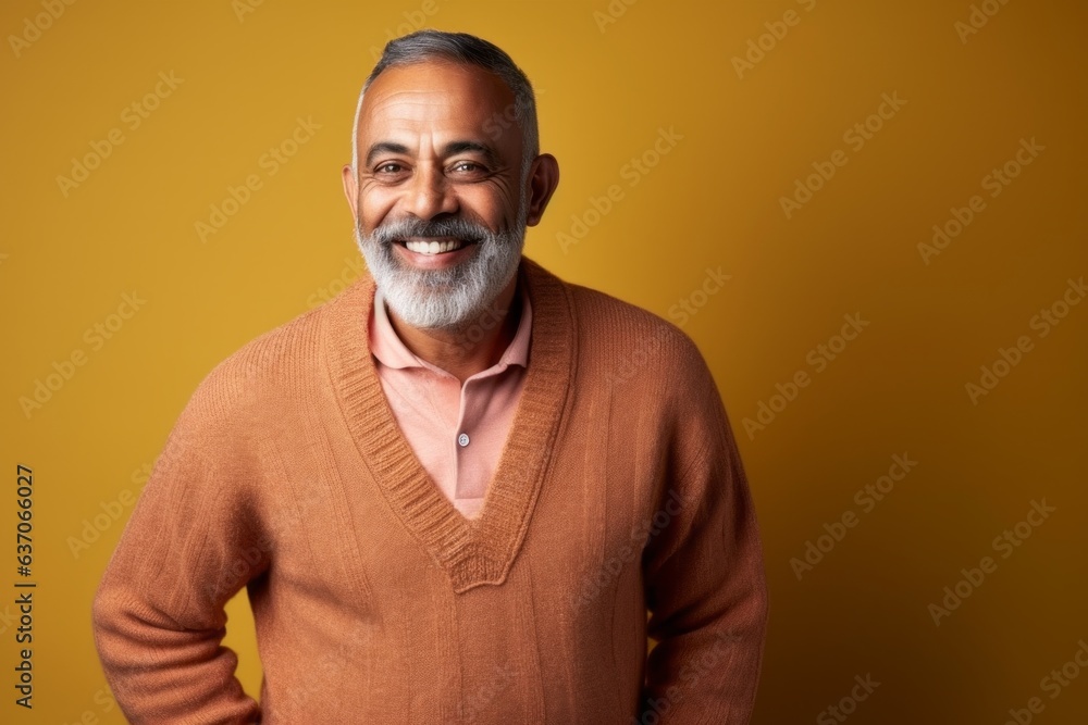 Portrait of a happy Indian man smiling at the camera against yellow background Portrait of a happy Indian man smiling at the camera against yellow background