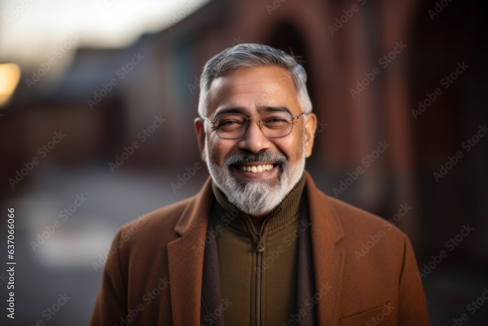 Portrait of happy mature Indian man with eyeglasses smiling outdoors Portrait of happy mature Indian man with eyeglasses smiling outdoors