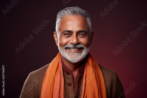 Portrait of a handsome Indian man wearing an orange scarf and smiling