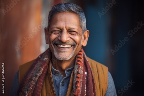 Portrait of a smiling Indian man with scarf at the street.