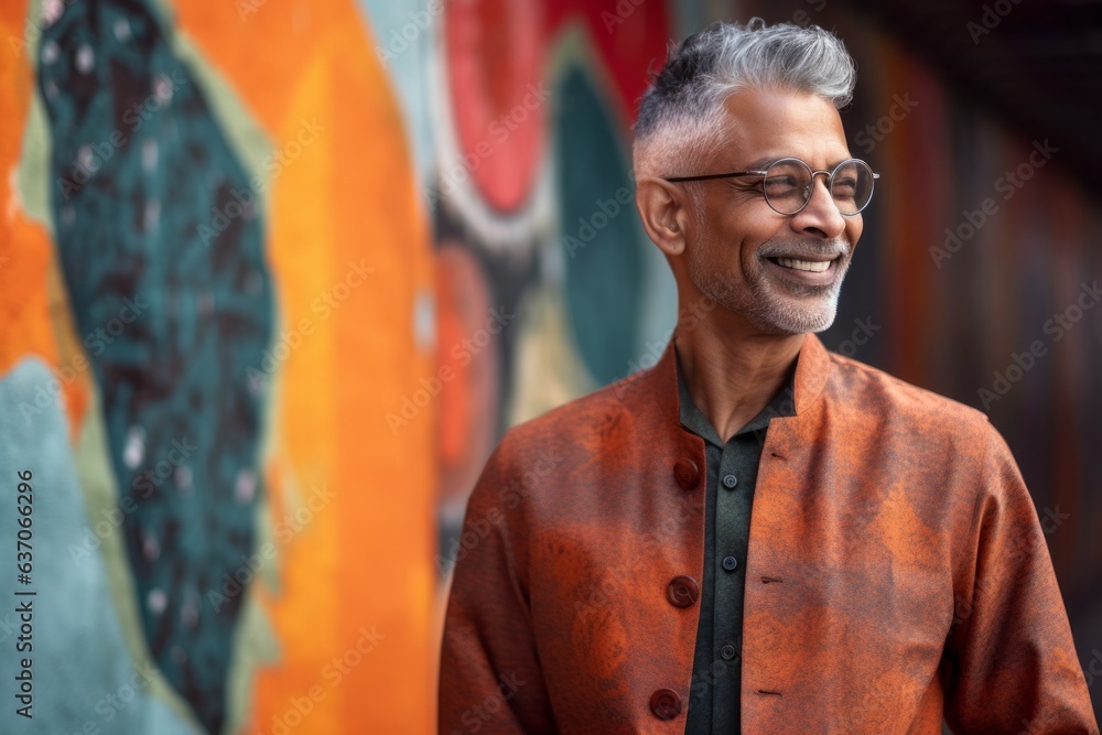 Portrait of happy Indian man with eyeglasses against graffiti wall