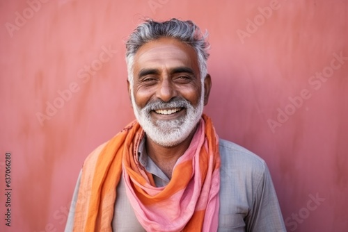 Portrait of happy mature bearded Indian man with orange scarf against pink background