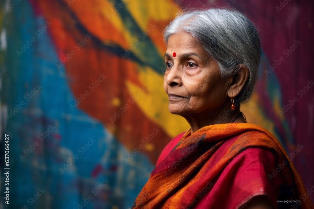 Old indian woman with saree in front of colorful painted wall