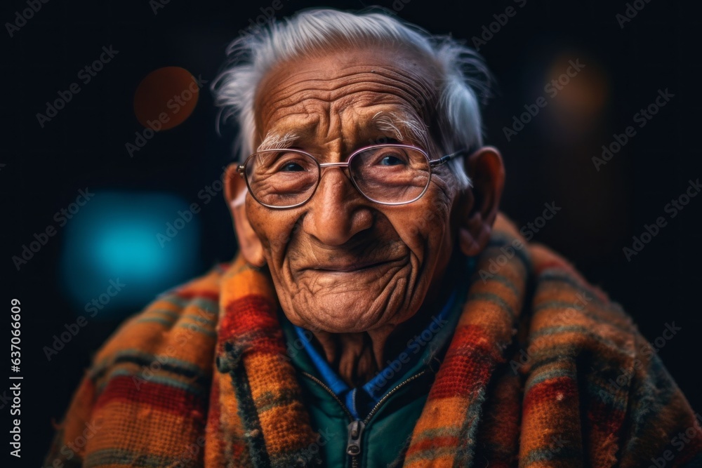 Portrait of an old Asian man with glasses and a colorful scarf.