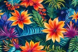 Digital Hand Painting Psychedelic Abstract Watercolor Blurred Tropical Exotic Flowers and Leaves Repeating Pattern Tie Dye Batik Background