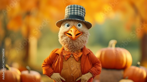 Funny fluffy bird toy with bow tie and hat with pumpkins. Blurred fall foliage background. Humorous concept of Halloween and Thanksgiving
